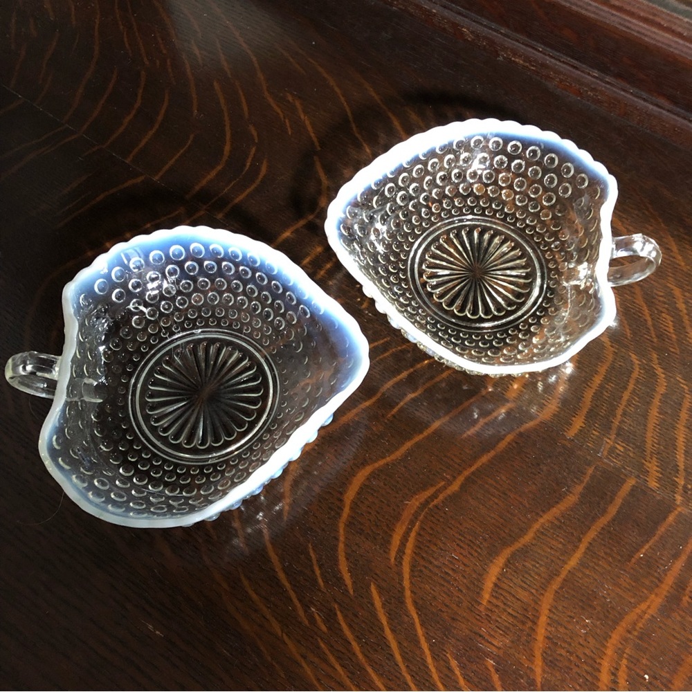 Two Moonstone Clear Opalescent Heart Handled Bowls | Nappys by Anchor Ho…